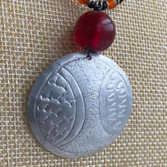 Black & Orange Beaded Necklace with Silver Medallion - Picture 4 of 5